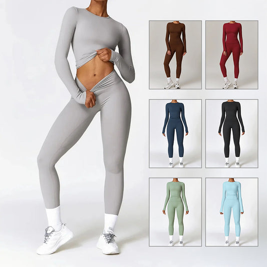 Tight-fitting Brushed Yoga Suit Quick-drying Fitness Clothes  Fitness Long Sleeve Tracksuits Sports Suit Gym Top High Waist Leggings Women Sets Yoga Set